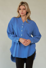 Load image into Gallery viewer, Davi & Dani Letter Back Raw Hem Half Button Shirt