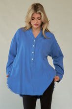 Load image into Gallery viewer, Davi & Dani Letter Back Raw Hem Half Button Shirt