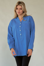 Load image into Gallery viewer, Davi & Dani Letter Back Raw Hem Half Button Shirt