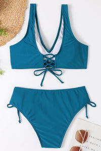 Ruched Lace-Up Wide Strap Two-Piece Bikini Set