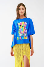 Cargar imagen en el visor de la galería, Loose-Fitting Blue T-Shirt With Colored Bear
