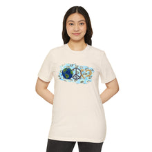 Load image into Gallery viewer, Earth, Peace &amp; Love in Blue - Unisex Recycled Organic T-Shirt
