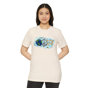 Earth, Peace & Love in Blue - Unisex Recycled Organic T-Shirt