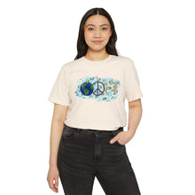 Load image into Gallery viewer, Earth, Peace &amp; Love in Blue - Unisex Recycled Organic T-Shirt
