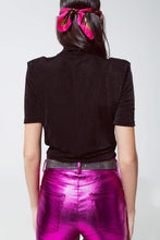Load image into Gallery viewer, Black Shiny Wrap Short Sleeve Vneck Top
