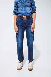 Cargo Style Jeans With Seam Down the Front in Medium Wash