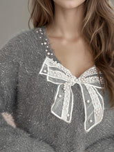 Load image into Gallery viewer, Bow Pearl Detail V-Neck Long Sleeve Sweater
