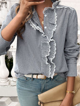 Load image into Gallery viewer, Lace Detail Ruffled Round Neck Long Sleeve Shirt
