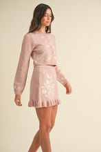 Cargar imagen en el visor de la galería, MABLE Floral Embroidered Crop Cardigan and Ruffled Mini Skirt Set
