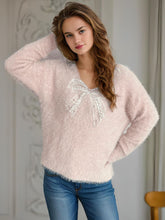 Load image into Gallery viewer, Bow Pearl Detail V-Neck Long Sleeve Sweater
