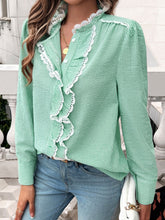 Cargar imagen en el visor de la galería, Lace Detail Ruffled Round Neck Long Sleeve Shirt
