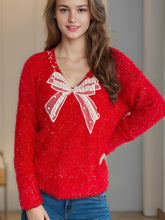 Load image into Gallery viewer, Bow Pearl Detail V-Neck Long Sleeve Sweater
