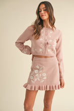 Cargar imagen en el visor de la galería, MABLE Floral Embroidered Crop Cardigan and Ruffled Mini Skirt Set
