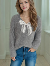 Load image into Gallery viewer, Bow Pearl Detail V-Neck Long Sleeve Sweater
