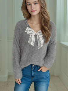 Bow Pearl Detail V-Neck Long Sleeve Sweater