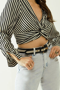 Striped Crop Top With V-Neckline and Twisted Front in Black and White.