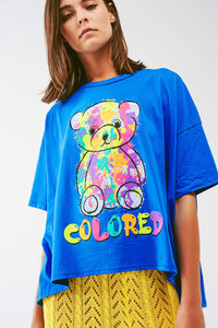 Loose-Fitting Blue T-Shirt With Colored Bear