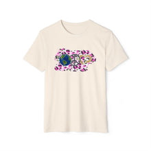 Load image into Gallery viewer, Earth, Peace &amp; Love in White - Unisex Recycled Organic T-Shirt
