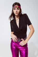 Load image into Gallery viewer, Black Shiny Wrap Short Sleeve Vneck Top
