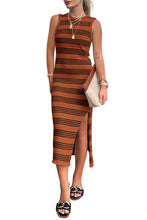 Cargar imagen en el visor de la galería, Slit Striped Round Neck Sleeveless Midi Dress
