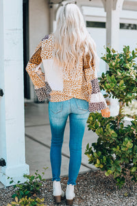 Leopard Patchwork Tied Flare Sleeve Blouse