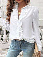 Load image into Gallery viewer, Lace Detail Ruffled Round Neck Long Sleeve Shirt
