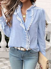 Load image into Gallery viewer, Lace Detail Ruffled Round Neck Long Sleeve Shirt
