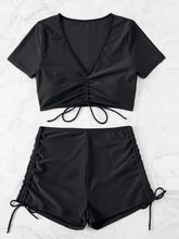 Load image into Gallery viewer, Drawstring V-Neck Short Sleeve Two-Piece Swim Set
