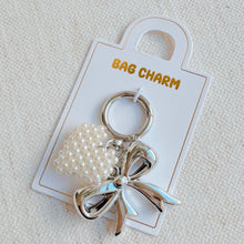 Load image into Gallery viewer, Knitted Pearl Heart Silver Bow Bag Charm
