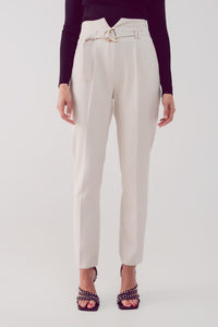 Cigarette Pants With Paper-Bag Waist in Cream