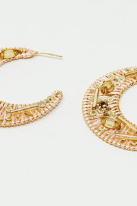 Beige Big Round Wocen Earrings With Gold Embellishments