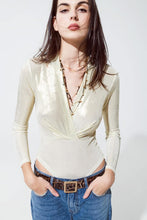 Load image into Gallery viewer, Metallic Finish Bodysuit With Draped Details in Pearl White
