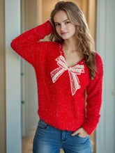 Load image into Gallery viewer, Bow Pearl Detail V-Neck Long Sleeve Sweater
