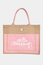 Load image into Gallery viewer, Fame Hello Weekend Burlap Tote Bag
