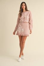 Cargar imagen en el visor de la galería, MABLE Floral Embroidered Crop Cardigan and Ruffled Mini Skirt Set
