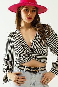 Striped Crop Top With V-Neckline and Twisted Front in Black and White.