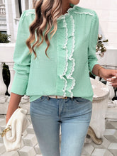 Cargar imagen en el visor de la galería, Lace Detail Ruffled Round Neck Long Sleeve Shirt
