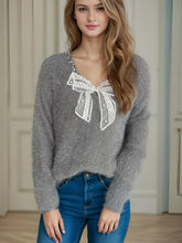 Load image into Gallery viewer, Bow Pearl Detail V-Neck Long Sleeve Sweater
