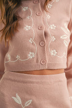 Cargar imagen en el visor de la galería, MABLE Floral Embroidered Crop Cardigan and Ruffled Mini Skirt Set
