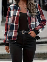 Load image into Gallery viewer, Plus Size Plaid Baseball Collar Zip Up Jacket
