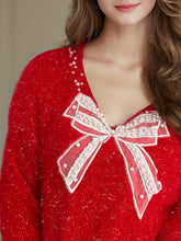 Cargar imagen en el visor de la galería, Bow Pearl Detail V-Neck Long Sleeve Sweater
