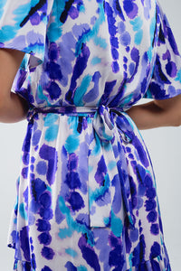 Wrap Short Dress in Blue and Purple Tie-Dye