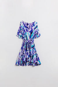 Wrap Short Dress in Blue and Purple Tie-Dye