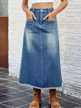 Load image into Gallery viewer, Raw Hem Buttoned Denim Skirt with Pockets
