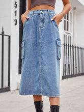 Load image into Gallery viewer, Slit Buttoned Denim Skirt with Pockets
