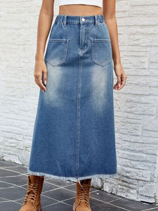Raw Hem Buttoned Denim Skirt with Pockets