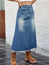 Load image into Gallery viewer, Raw Hem Buttoned Denim Skirt with Pockets
